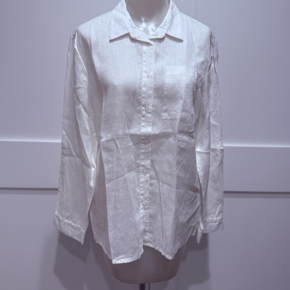 Azulu White 100% Linen Button Up Shirt XL Hidden Placket Long Sleeve